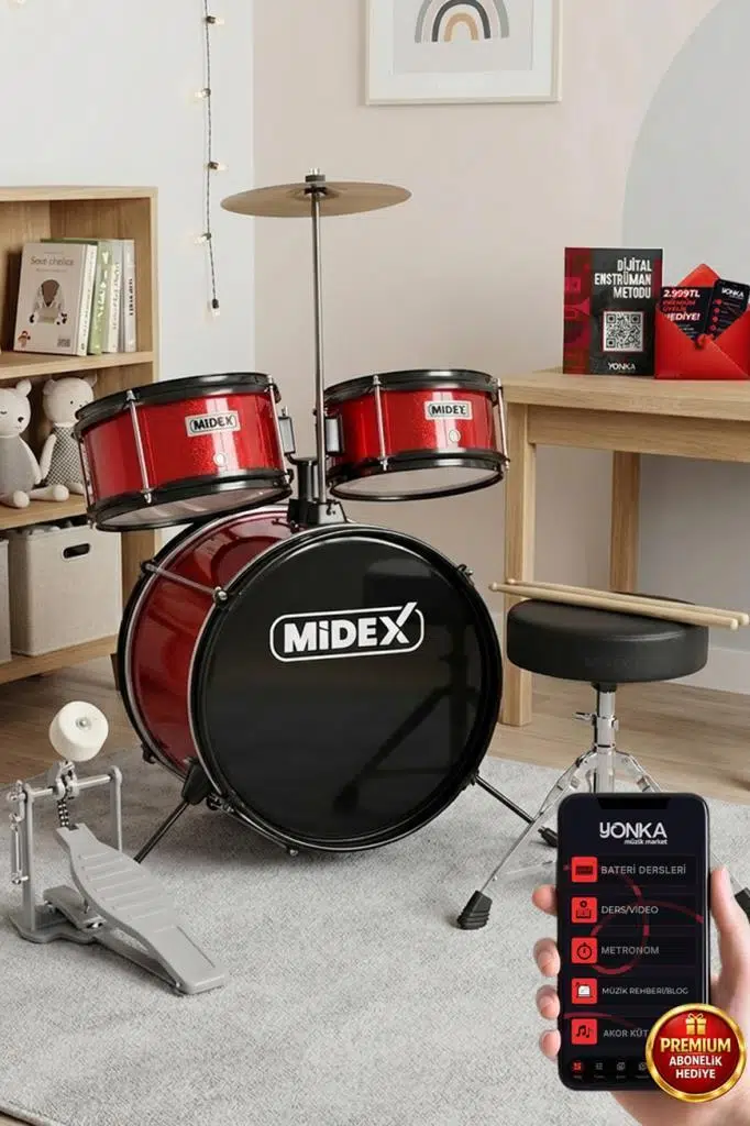 Midex CD300X-RD Akustik Junior Çocuk Baterisi Davulu Seti 5-14 Yaş İçin Full Set