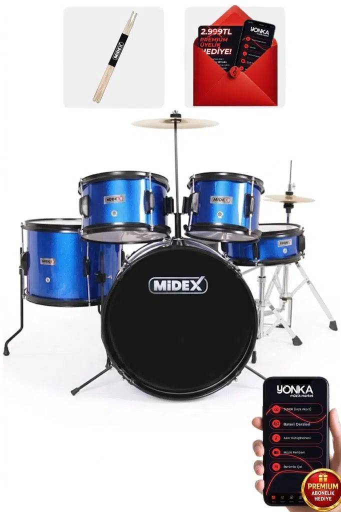Midex CD500X-BL Akustik Junior Çocuk Baterisi Davul Seti 5-18 Yaş İçin Full Set
