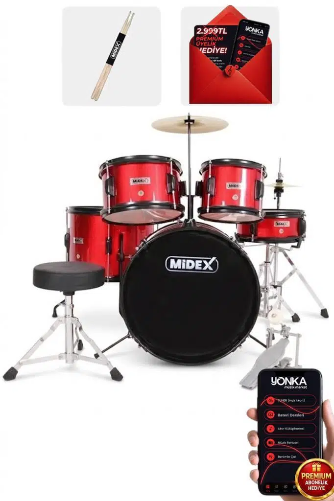 Midex CD500X-RD Akustik Junior Çocuk Baterisi Davulu Seti 5-18 Yaş İçin Full Set