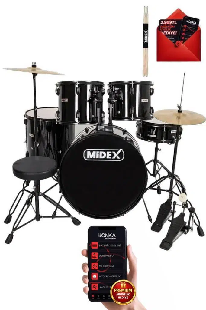 Midex CD900X-BK 22'' Yetişkin Akustik Bateri Davul Seti 22B-13T-12T-16F-14S (5 Parça)