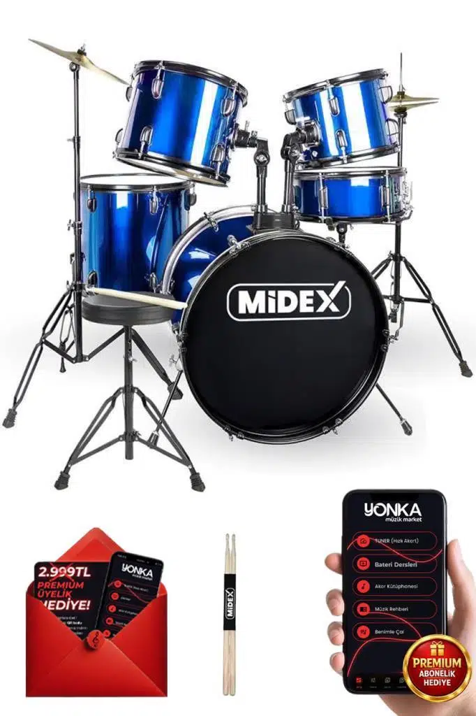 Midex CD900X-BL 22`` Yetişkin Akustik Bateri Davul Seti 22B-13T-12T-16F-14S (5 Parça)