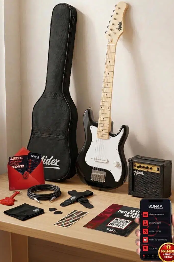 Midex CEG-30WB 4-6 Yaş Çocuklar İçin Amfili Full 1/4 30 İnç Elektro Gitar Seti White Black