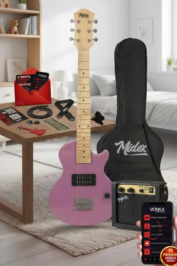 Midex CEG-34PK 5-8 Yaş Çocuklar İçin Amfili Full 1/2 34 İnç Elektro Gitar Seti Pembe Midex CEG-34PK 5-8 Yaş Çocuklar İçin Amfili Full 1/2 34 İnç Elektro Gitar Seti Pembe
