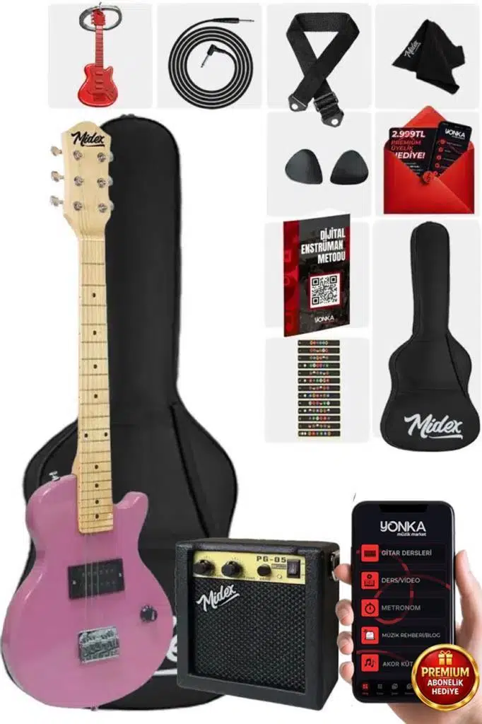 Midex CEG-34PK 5-8 Yaş Çocuklar İçin Amfili Full 1/2 34 İnç Elektro Gitar Seti Pembe Midex CEG-34PK 5-8 Yaş Çocuklar İçin Amfili Full 1/2 34 İnç Elektro Gitar Seti Pembe