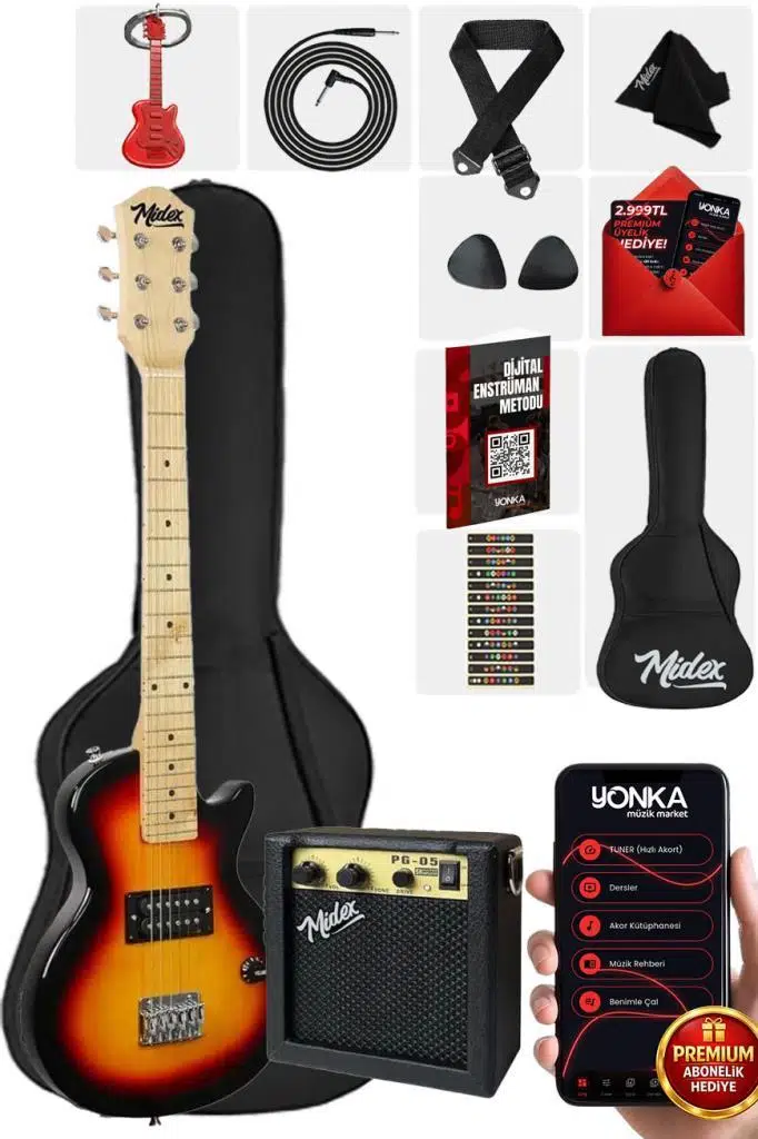 Midex CEG-34SB 5-8 Yaş Çocuklar İçin Amfili Full 1/2 34 İnç Elektro Gitar Seti Sunburs
