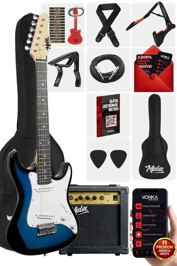 Midex CEG-36BL 8-12 Yaş Çocuklar İçin Amfili Full 3/4 36 İnç Elektro Gitar Seti Blue