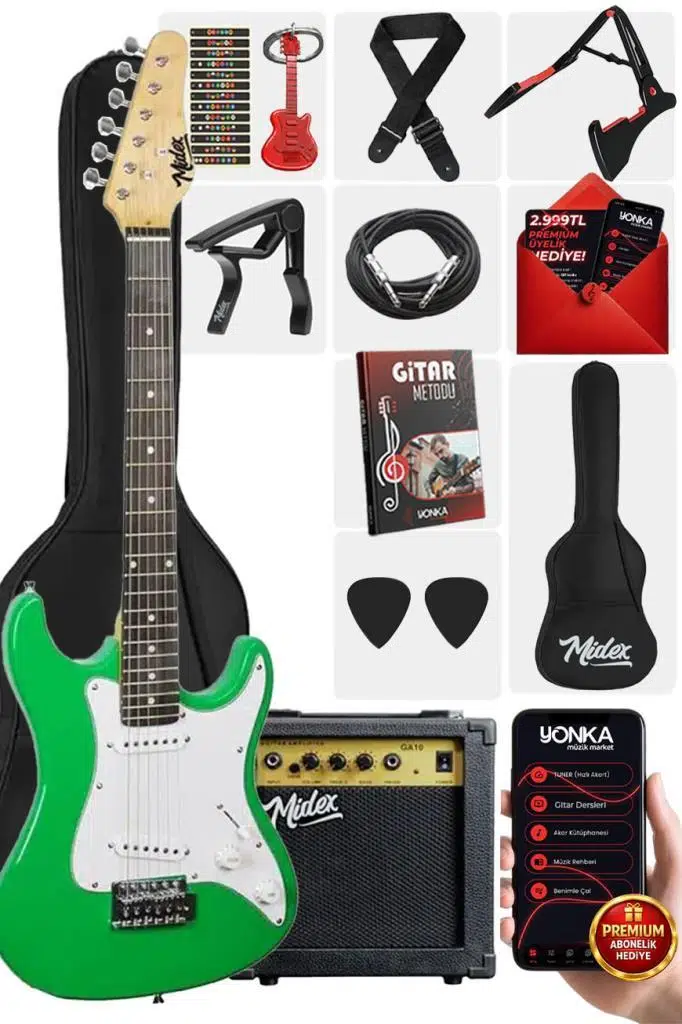 Midex CEG-36GR 8-12 Yaş Çocuklar İçin Amfili Full 3/4 36 İnç Elektro Gitar Seti Yeşil