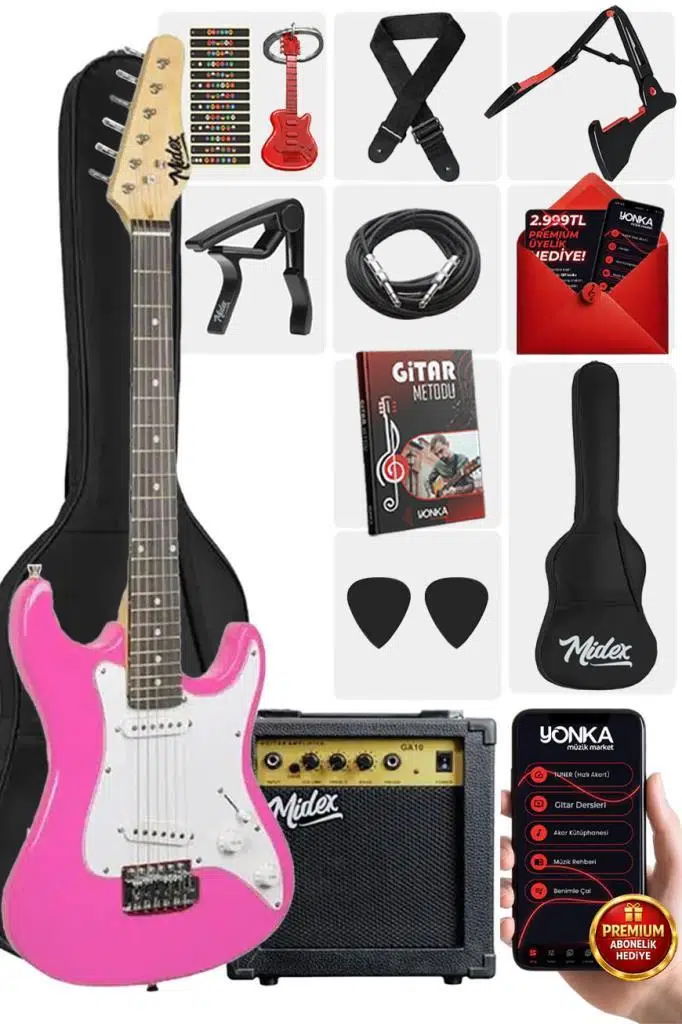 Midex CEG-36PK 8-12 Yaş Çocuklar İçin Amfili Full 3/4 36 İnç Elektro Gitar Seti Pembe