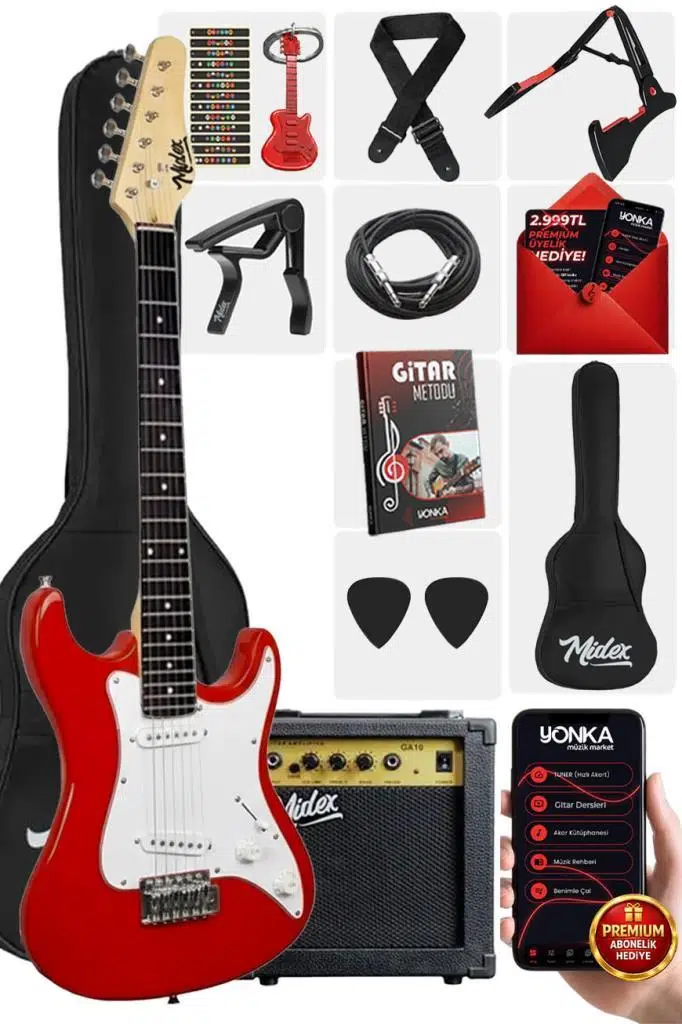 Midex CEG-36RD 8-12 Yaş Çocuklar İçin Amfili Full 3/4 36 İnç Elektro Gitar Seti Kırmızı