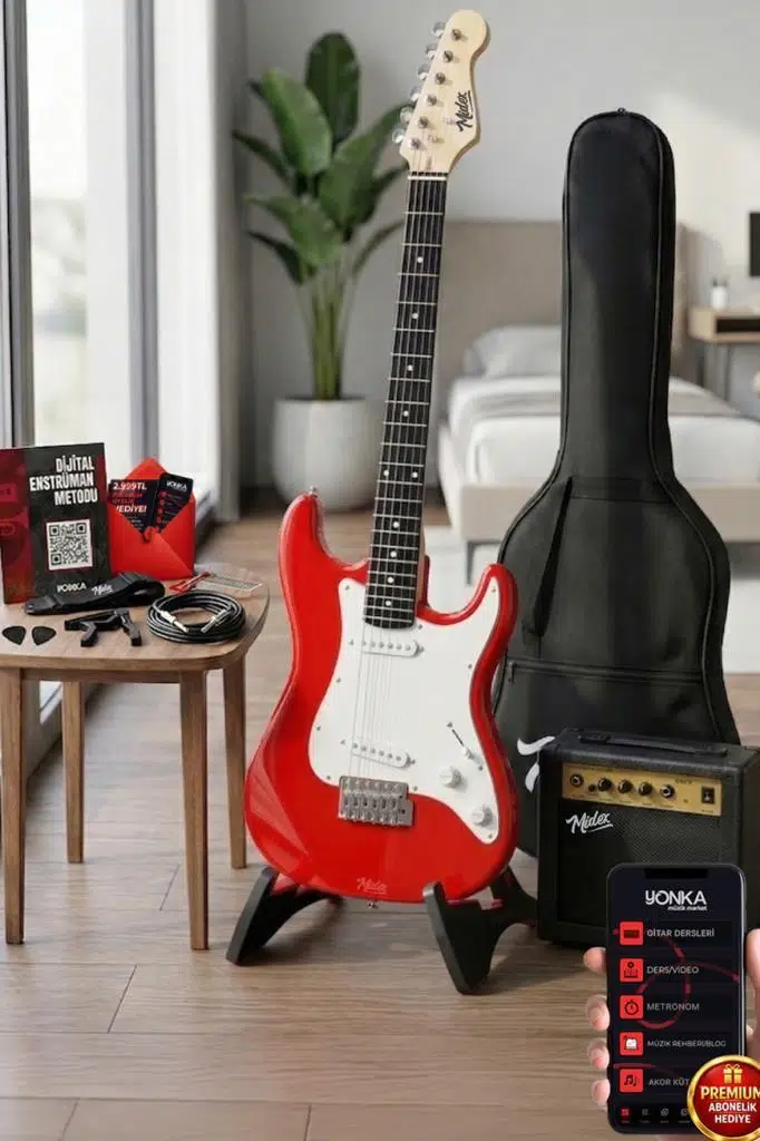 Midex CEG-36RD 8-12 Yaş Çocuklar İçin Amfili Full 3/4 36 İnç Elektro Gitar Seti Kırmızı