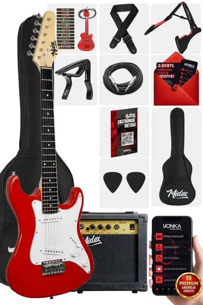 Midex CEG-36RD 8-12 Yaş Çocuklar İçin Amfili Full 3/4 36 İnç Elektro Gitar Seti Kırmızı