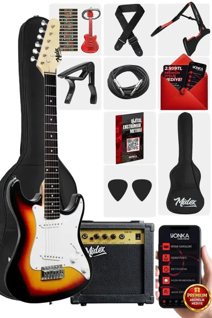 Midex CEG-36SB 8-12 Yaş Çocuklar İçin Amfili Full 3/4 36 İnç Elektro Gitar Seti Sunburs