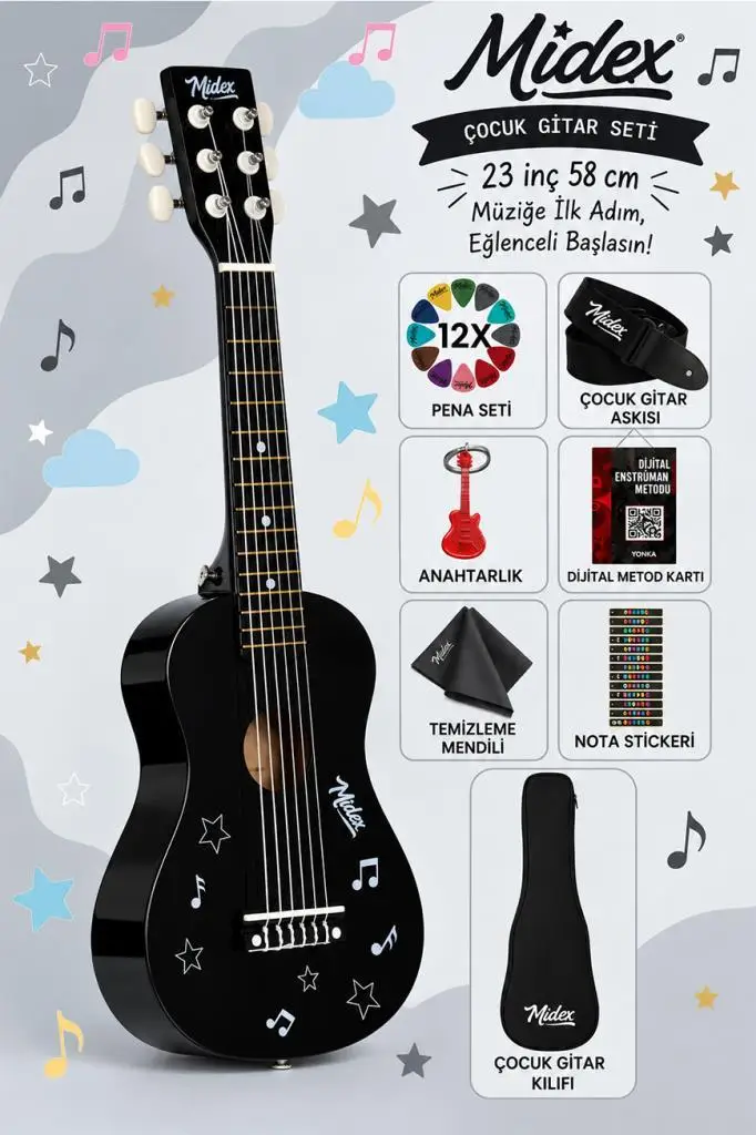 Midex CG-230BK Çocuk Klasik Gitar Seti 3-8 Yaş 23 İnç 58 cm Siyah Çocuk Gitarı Seti
