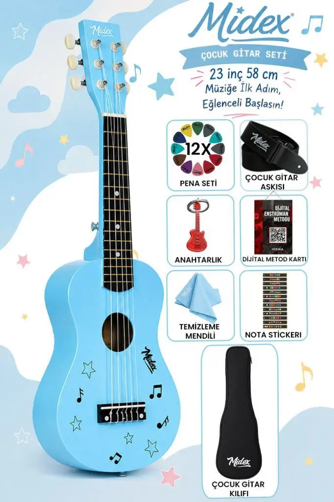 Midex CG-230BL Çocuk Klasik Gitar Seti 3-8 Yaş 23 İnç 58 cm Mavi Çocuk Gitarı Seti