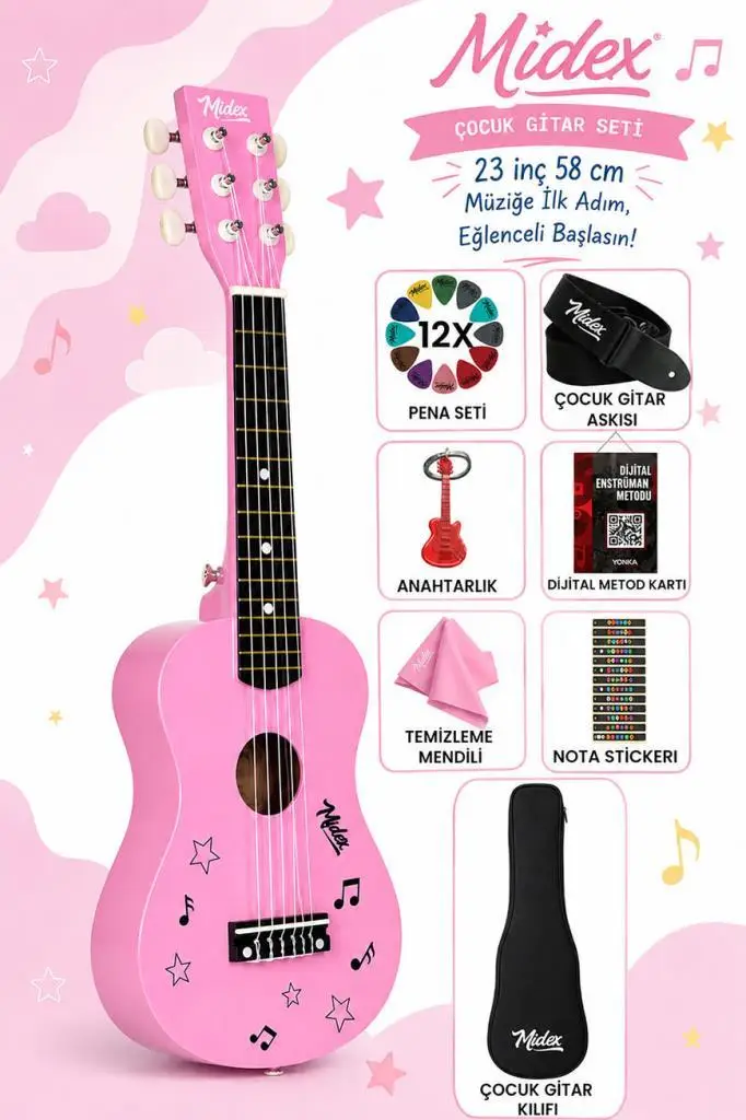 Midex CG-230PK Çocuk Klasik Gitar Seti 3-8 Yaş 23 İnç 58 cm Pembe Çocuk Gitarı Seti