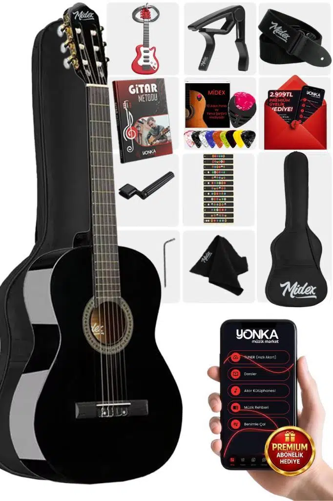 Midex CG-270BK Siyah Klasik Gitar 4/4 Yetişkin Boy Sap Ayarlı Full Set