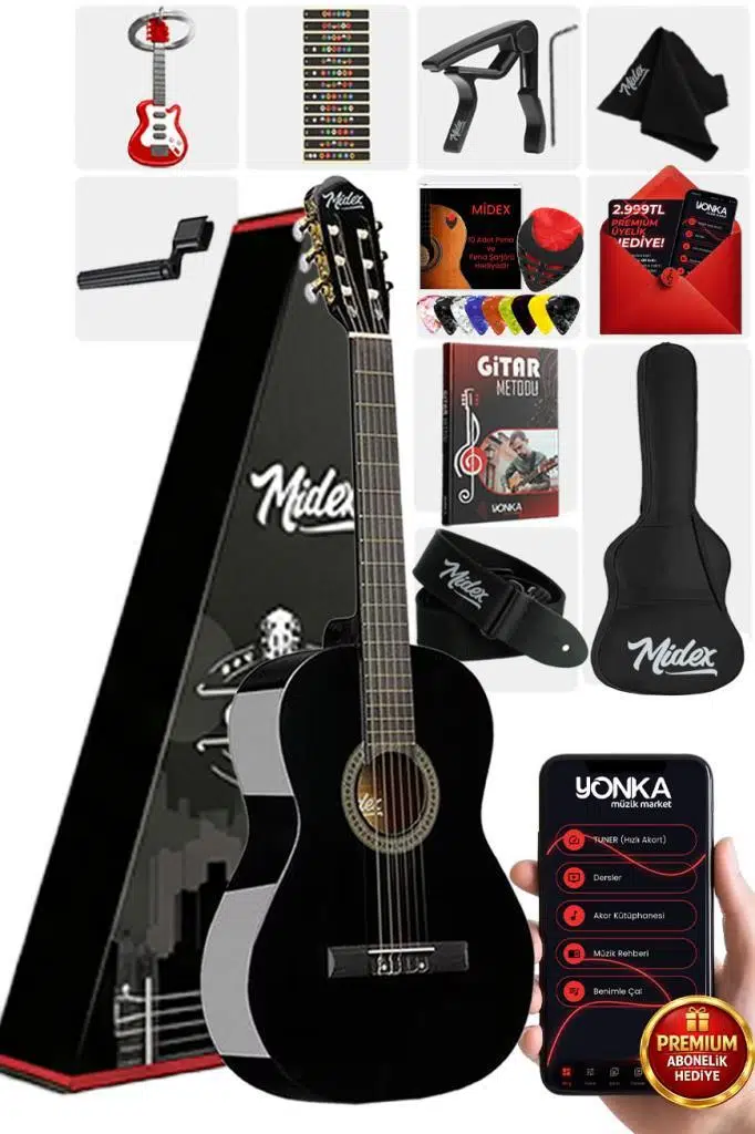 Midex CG-270BK Siyah Klasik Gitar 4/4 Yetişkin Boy Sap Ayarlı Full Set