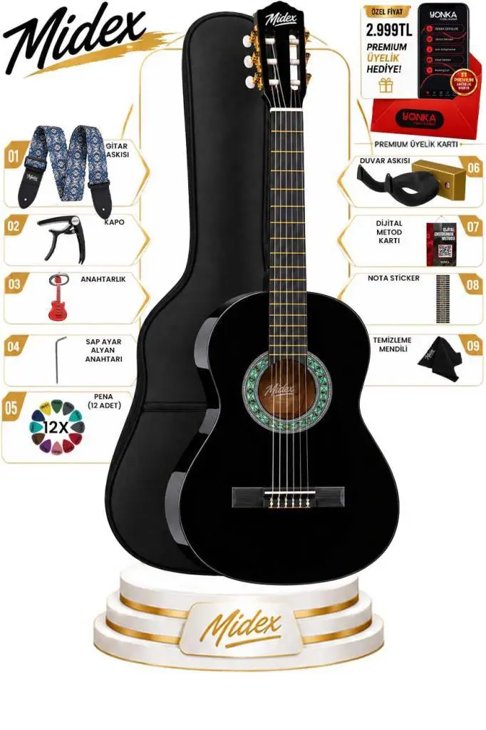 Midex CG-270BK Siyah Klasik Gitar 4/4 Yetişkin Boy Sap Ayarlı Full Set