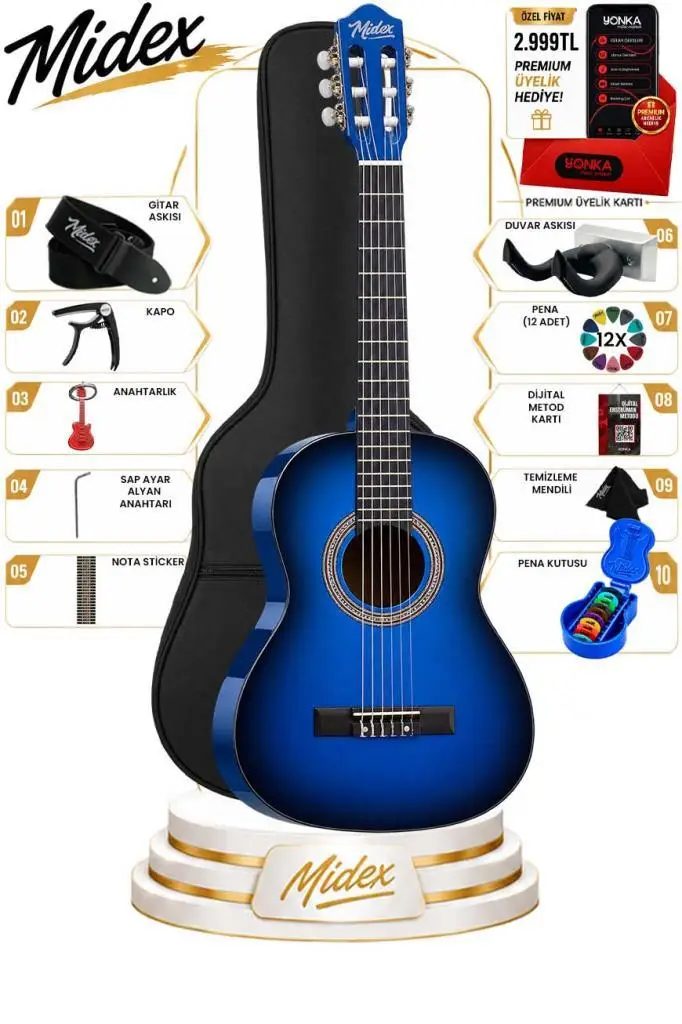 Midex CG-270BL Klasik Gitar 4/4 Yetişkin Boy Sap Ayarlı Full Set