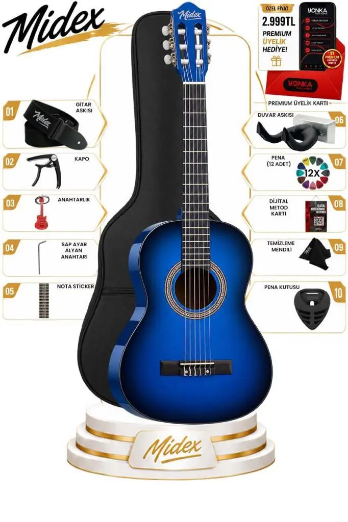 Midex CG-270BL Klasik Gitar 4/4 Yetişkin Boy Sap Ayarlı Full Set