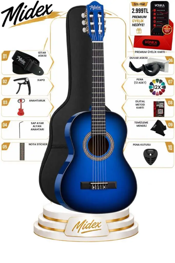 Midex CG-270BL Klasik Gitar 4/4 Yetişkin Boy Sap Ayarlı Full Set