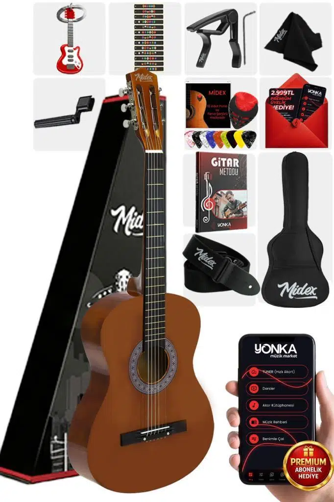 Midex CG-270BRW Brown Renk Klasik Gitar 4/4 Yetişkin Boy Sap Ayarlı Full Set