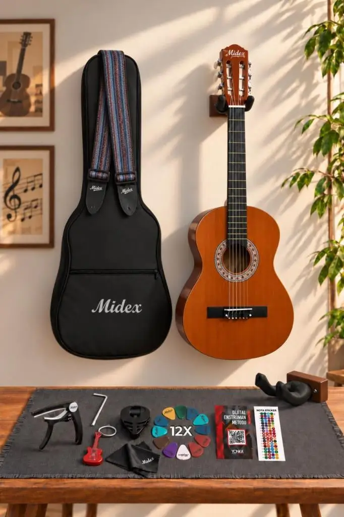 Midex CG-270BRW Brown Renk Klasik Gitar 4/4 Yetişkin Boy Sap Ayarlı Full Set