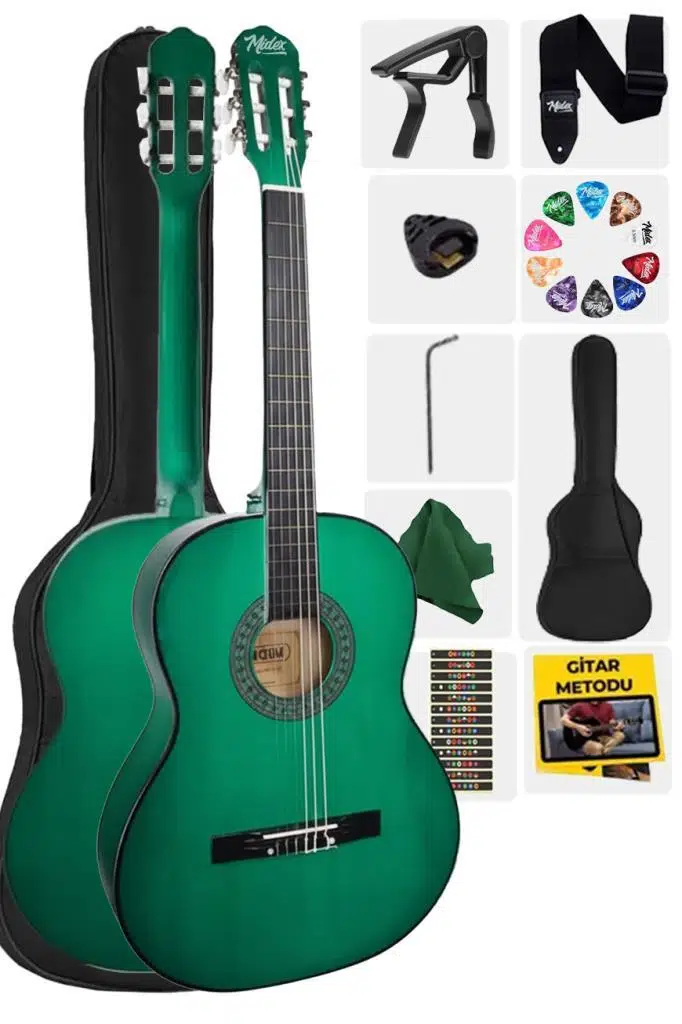 Midex CG-270GR Yeşil Renk Klasik Gitar 4/4 Yetişkin Boy Sap Ayarlı Full Set