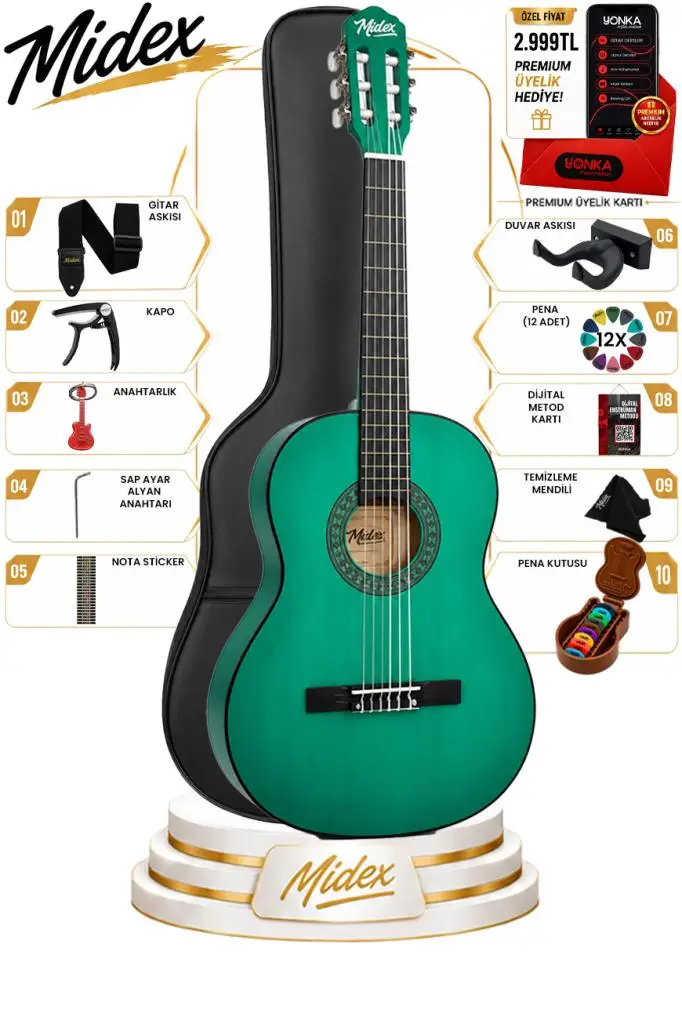 Midex CG-270GR Yeşil Renk Klasik Gitar 4/4 Yetişkin Boy Sap Ayarlı Full Set