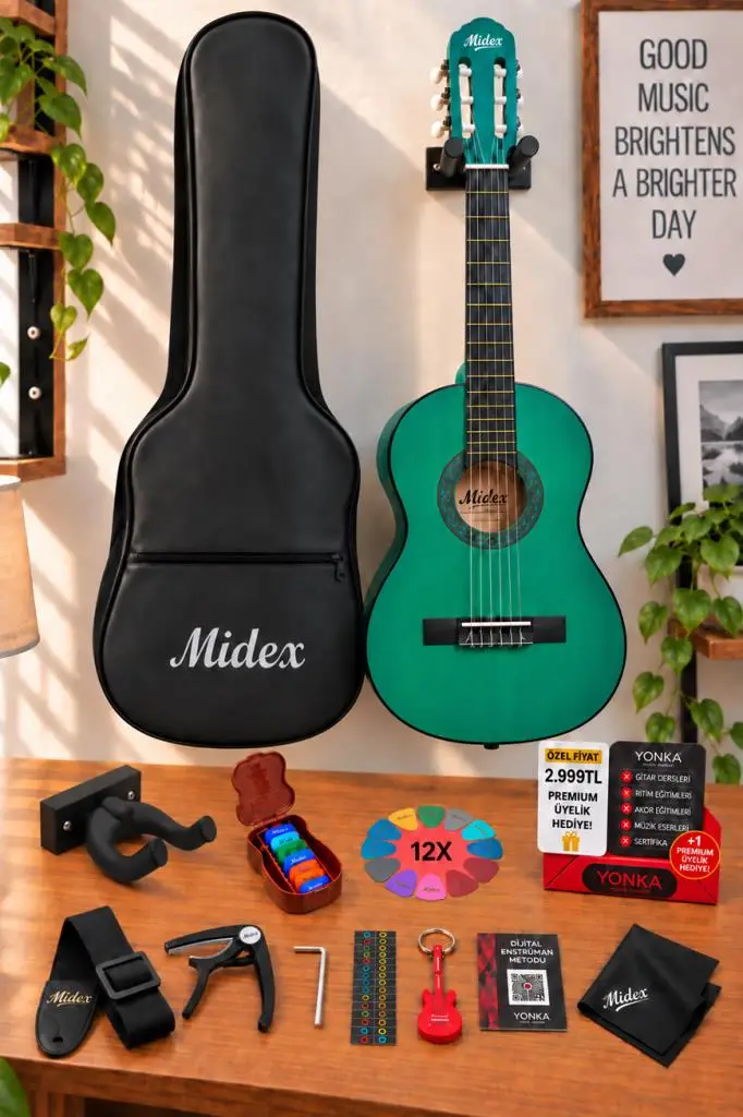 Midex CG-270GR Yeşil Renk Klasik Gitar 4/4 Yetişkin Boy Sap Ayarlı Full Set