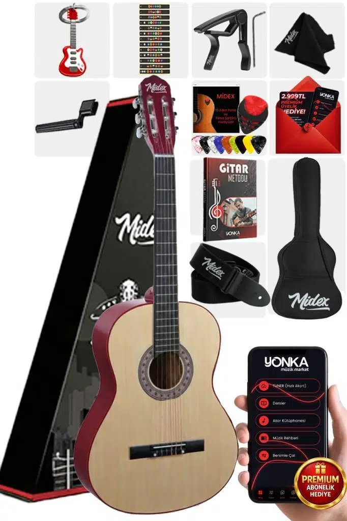 Midex CG-270NT Doğal Renk Klasik Gitar 4/4 Yetişkin Boy Sap Ayarlı Full Set