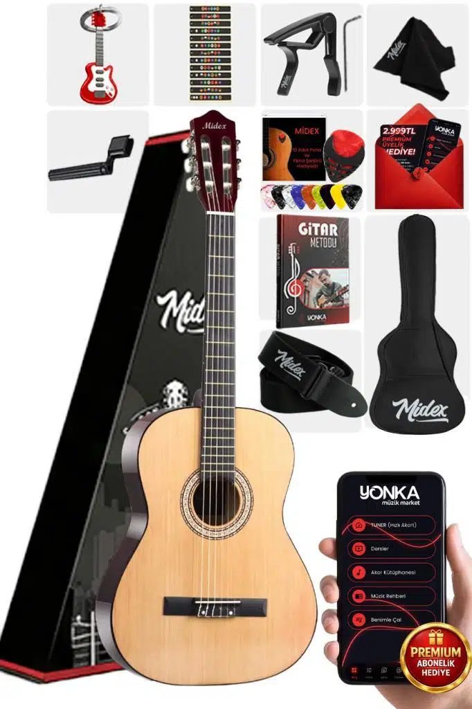 Midex CG-270NT Doğal Renk Klasik Gitar 4/4 Yetişkin Boy Sap Ayarlı Full Set