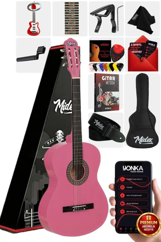 Midex CG-270PK Pembe Renk Klasik Gitar 4/4 Yetişkin Boy Sap Ayarlı Full Set