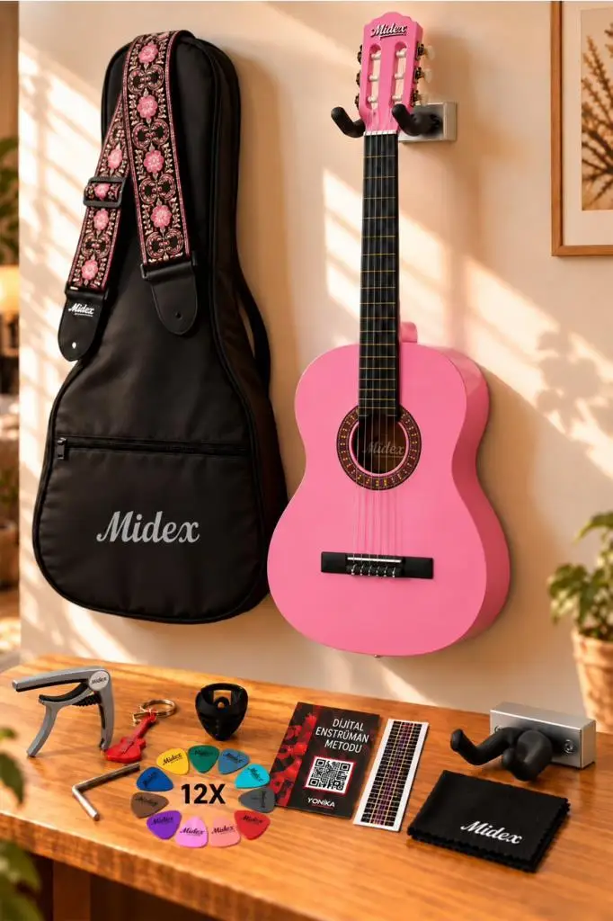 Midex CG-270PK Pembe Renk Klasik Gitar 4/4 Yetişkin Boy Sap Ayarlı Full Set