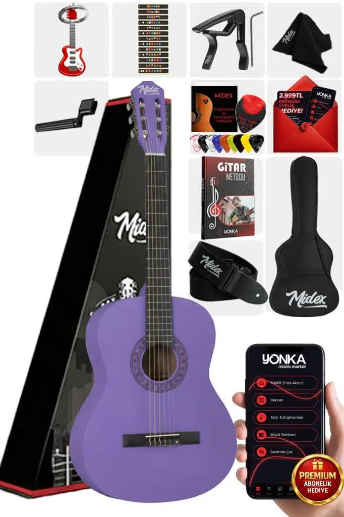 Midex CG-270PRP Mor Renk Klasik Gitar 4/4 Yetişkin Boy Sap Ayarlı Full Set Midex CG-270PRP Mor Renk Klasik Gitar 4/4 Yetişkin Boy Sap Ayarlı Full Set