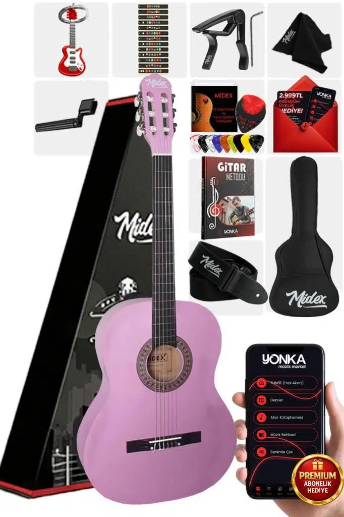 Midex CG-270PU Lila Renk Klasik Gitar 4/4 Yetişkin Boy Sap Ayarlı Full Set Midex CG-270PU Lila Renk Klasik Gitar 4/4 Yetişkin Boy Sap Ayarlı Full Set