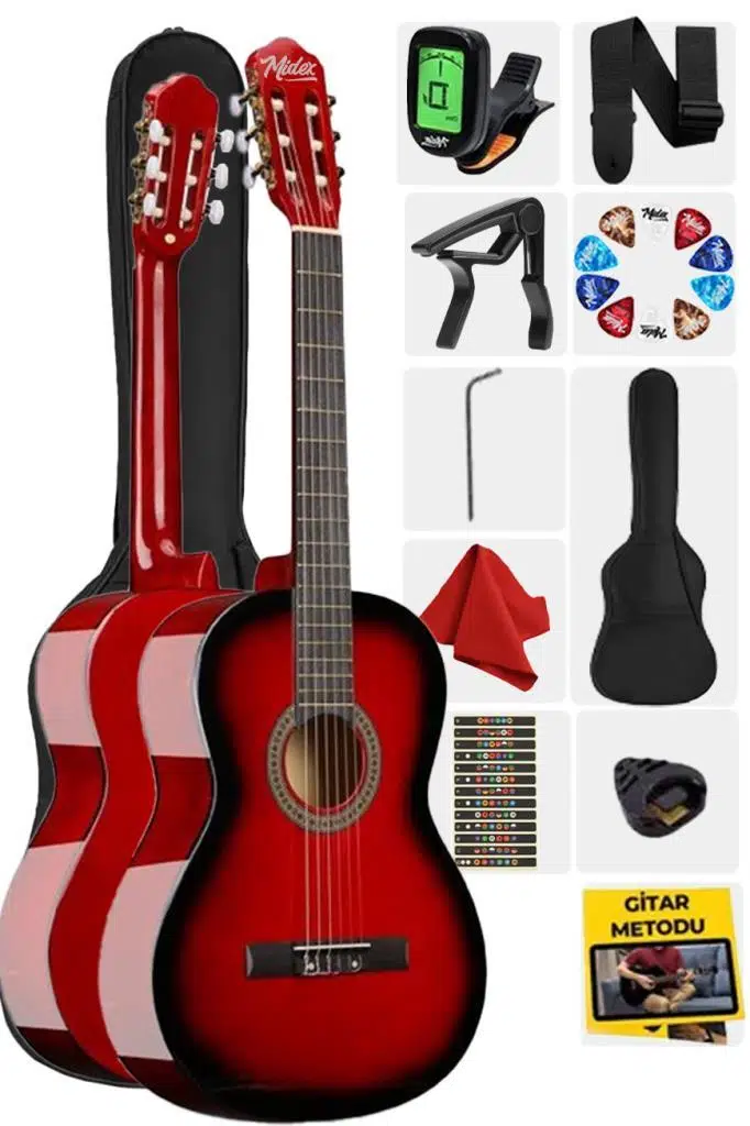 Midex CG-270RD Kırmızı Renk Klasik Gitar 4/4 Yetişkin Boy Sap Ayarlı Full Set Midex CG-270RD Kırmızı Renk Klasik Gitar 4/4 Yetişkin Boy Sap Ayarlı Full Set