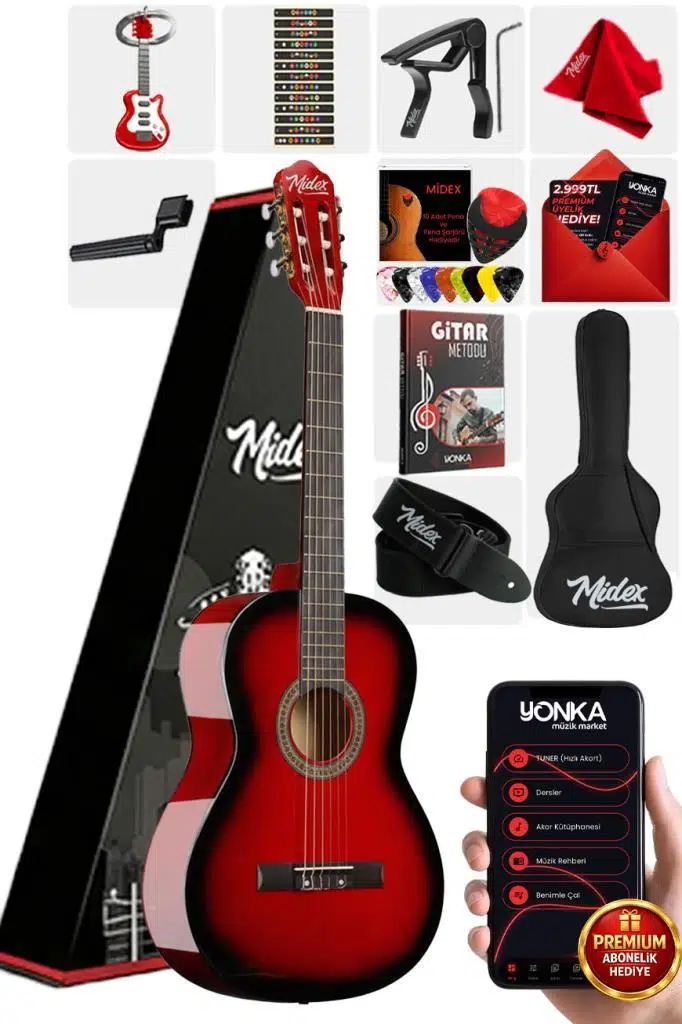 Midex CG-270RD Kırmızı Renk Klasik Gitar 4/4 Yetişkin Boy Sap Ayarlı Full Set
