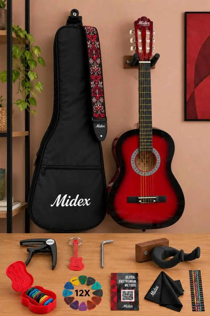 Midex CG-270RD Kırmızı Renk Klasik Gitar 4/4 Yetişkin Boy Sap Ayarlı Full Set