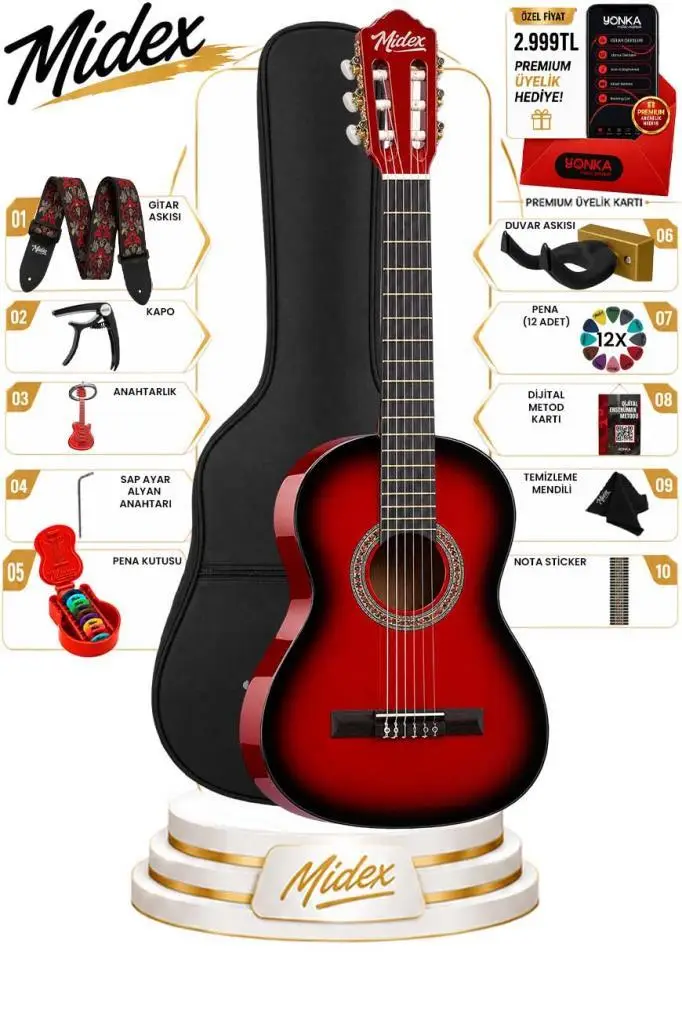 Midex CG-270RD Kırmızı Renk Klasik Gitar 4/4 Yetişkin Boy Sap Ayarlı Full Set