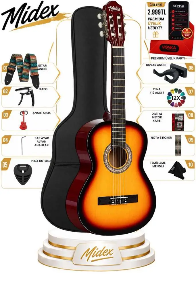 Midex CG-270SB Sunburst Renk Klasik Gitar 4/4 Yetişkin Boy Sap Ayarlı Full Set