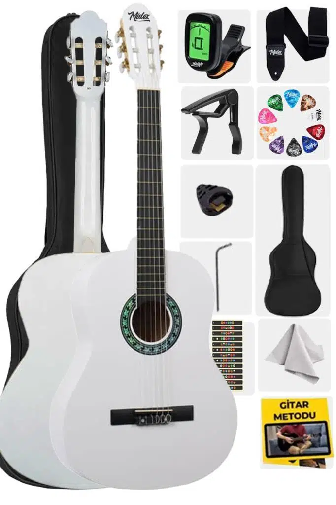 Midex CG-270WH Beyaz Renk Klasik Gitar 4/4 Yetişkin Boy Sap Ayarlı Full Set