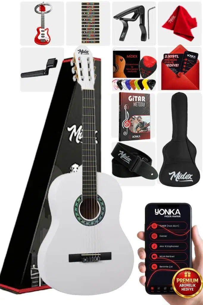 Midex CG-270WH Beyaz Renk Klasik Gitar 4/4 Yetişkin Boy Sap Ayarlı Full Set
