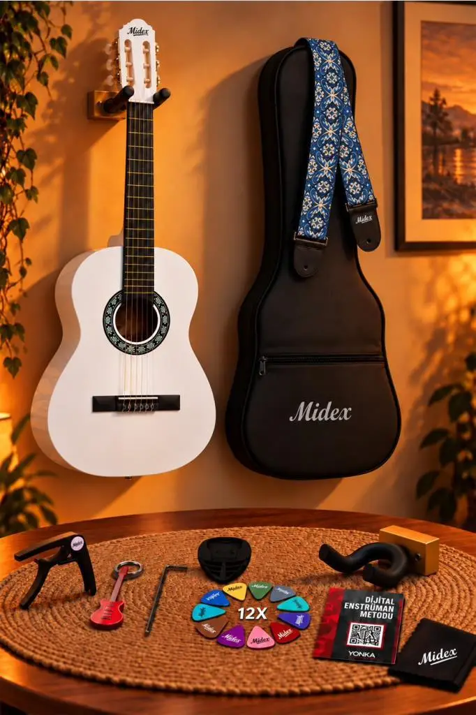 Midex CG-270WH Beyaz Renk Klasik Gitar 4/4 Yetişkin Boy Sap Ayarlı Full Set
