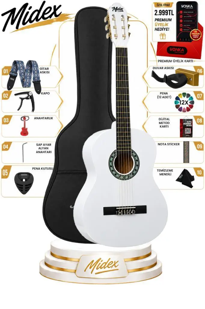Midex CG-270WH Beyaz Renk Klasik Gitar 4/4 Yetişkin Boy Sap Ayarlı Full Set