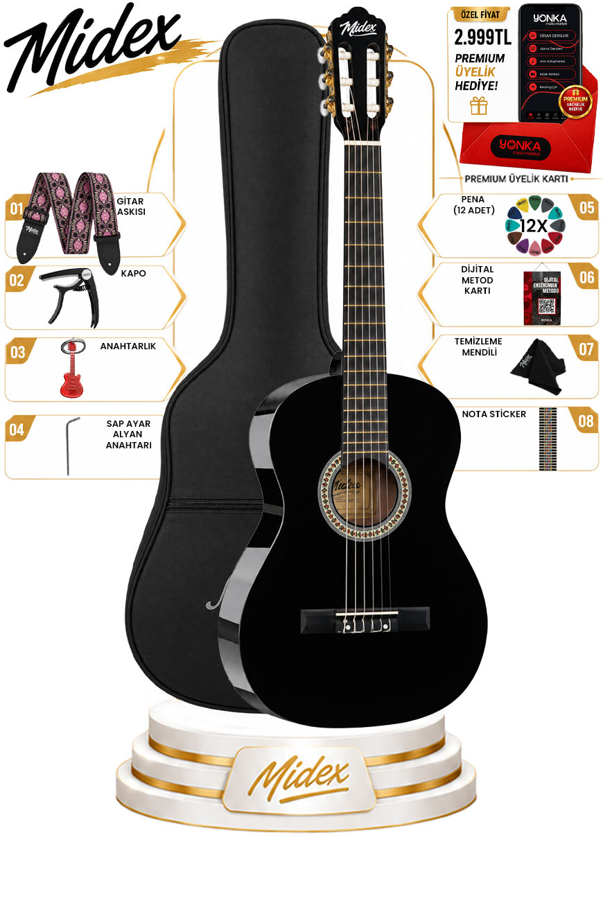 Midex CG-36BK Kaliteli 36 İnç 3/4 Junior Çocuk Gitarı 8-12 Yaş Arası (Çanta Askı Pena Metod)