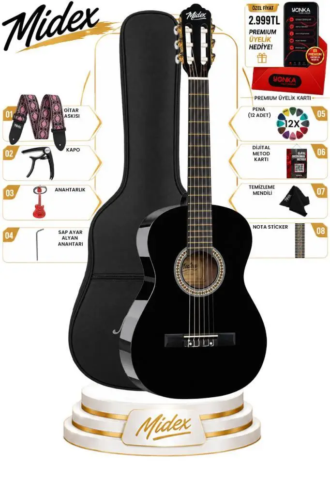 Midex CG-36BK Kaliteli 36 İnç 3/4 Junior Çocuk Gitarı 8-12 Yaş Arası (Çanta Askı Pena Metod)
