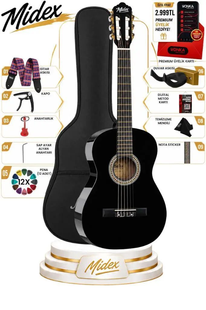 Midex CG-36BK-PAK Kaliteli 36 İnç 3/4 Junior Çocuk Gitarı 8-12 Yaş Arası (Çanta Askı Pena Metod)