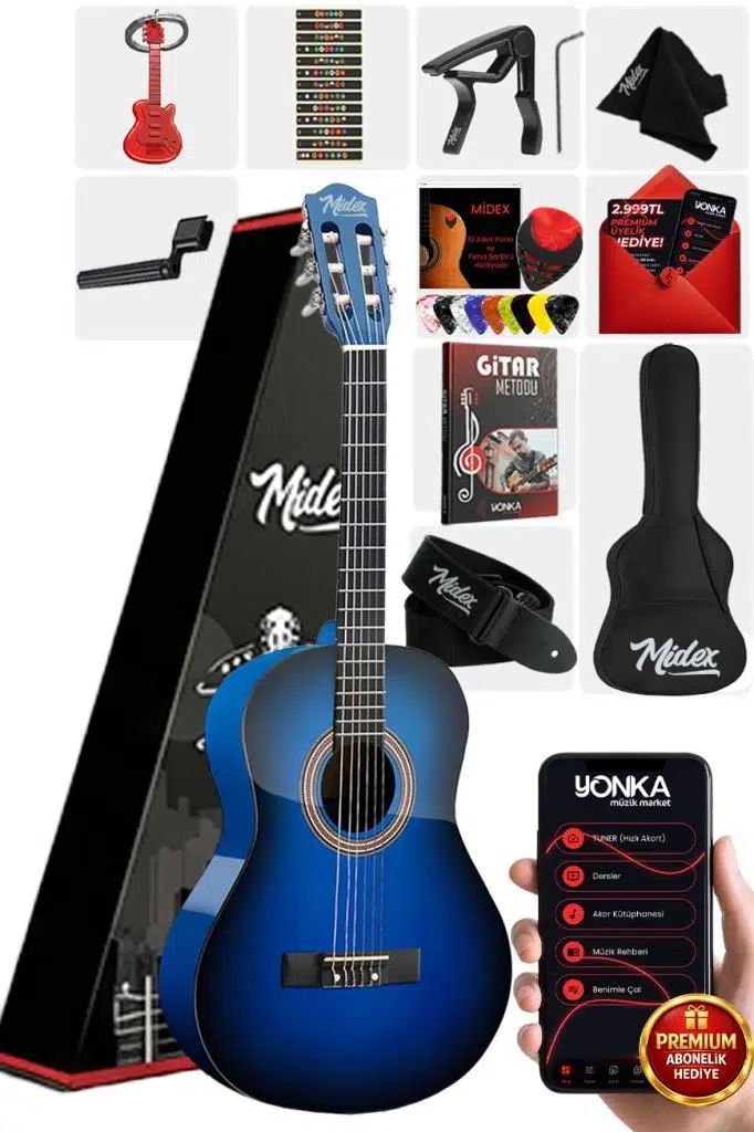 Midex CG-36BL Kaliteli 36 İnç 3/4 Juniur Çocuk Gitarı 8-12 Yaş Arası (Çanta Askı Capo Nota Sticker Pena Metod)