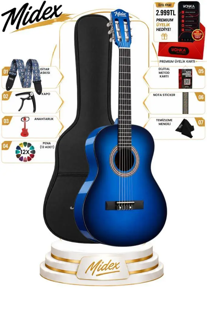 Midex CG-36BL Kaliteli 36 İnç 3/4 Juniur Çocuk Gitarı 8-12 Yaş Arası (Çanta Askı Capo Nota Sticker Pena Metod)